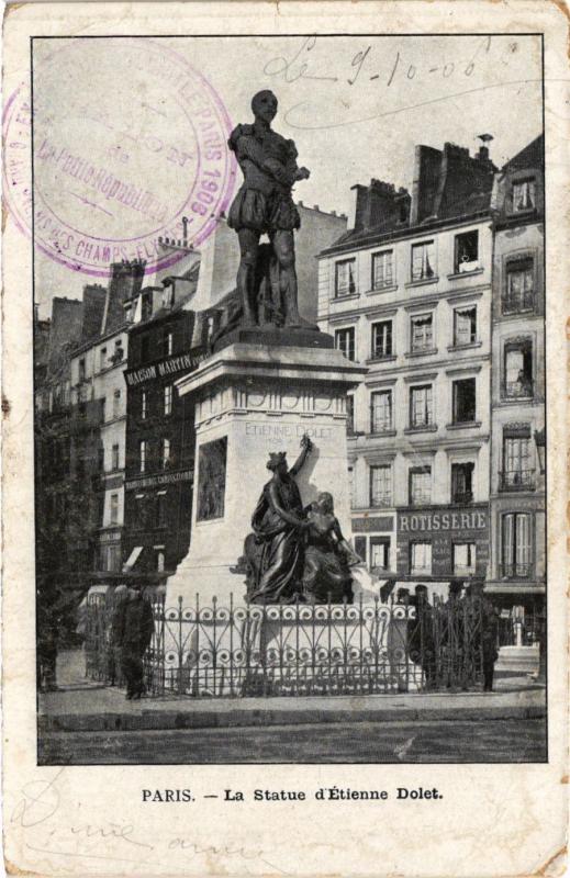 Carte postale ancienne Paris 5e-Statue d'Etienne Dolet à Paris 5e