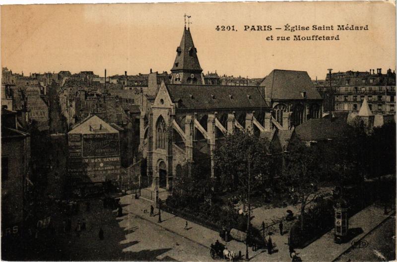 Carte postale ancienne Paris 5e-Eglise Saint Médard et Rue Mouffetard à Paris 5e