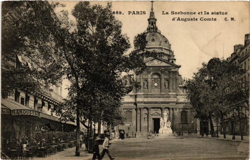Carte postale ancienne Paris 5e-La Sorbonne et la statue d'Auguste Comte à Paris 5e