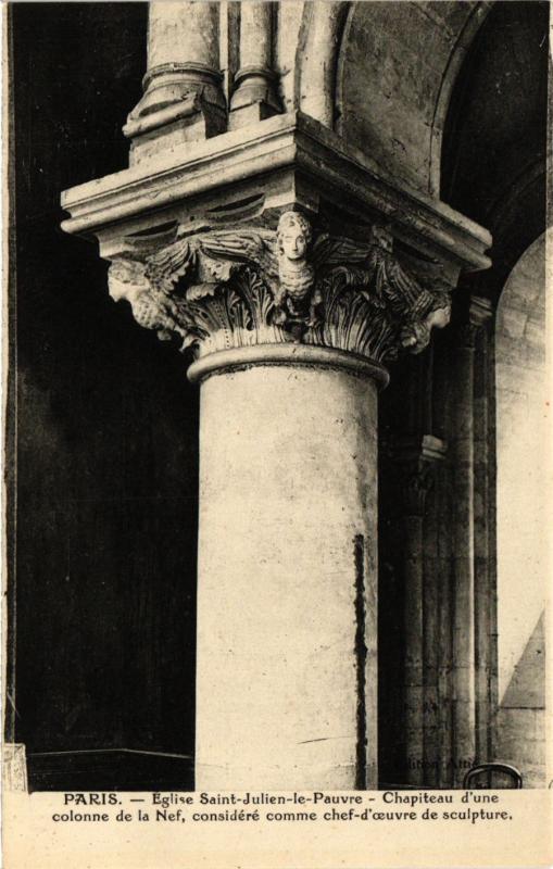 Carte postale ancienne Paris 5e Eglise Saint-Julien Pauvre Chapiteau une colonne de la Nef à Paris 5e