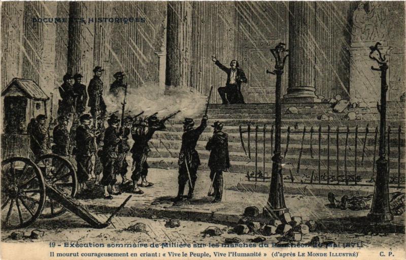 Carte postale ancienne Paris 5e-Execution sommaire de Milliére sur les marches du Panthéon à Paris 5e