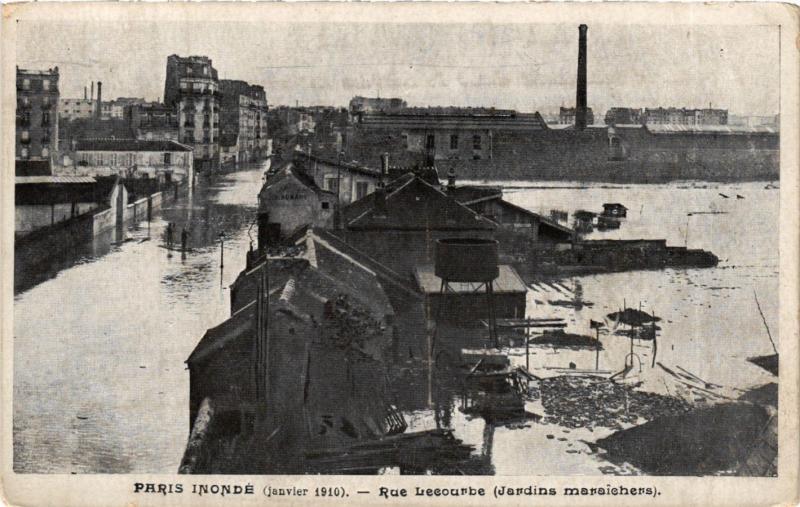 Carte postale ancienne Paris inondé (janvier 1910) - Rue Lecourbe (Jardins maraichers) à Paris 15e
