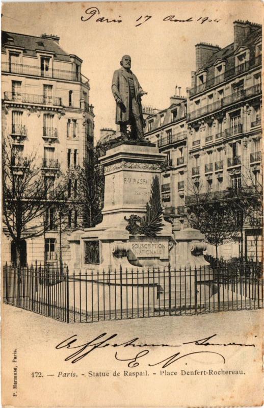 Carte postale ancienne Statue de Raspail - Place Denfert-Rochereau à Paris 14e