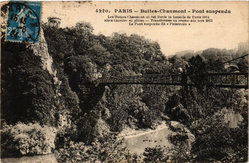 Carte postale ancienne Buttes-Chaumont - Pont suspendu à Paris 19e