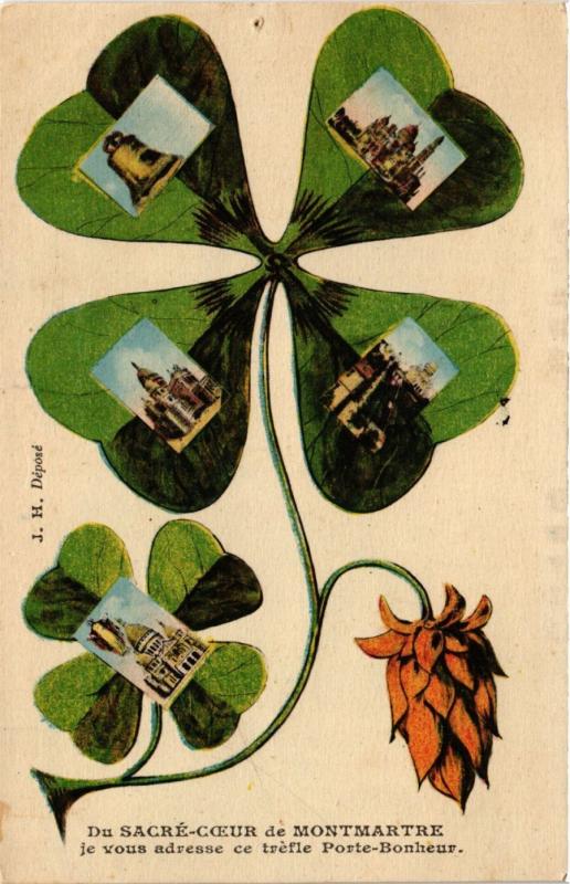 Carte postale ancienne Du Sacré-Coeur de Montmartre, je vous adresse ce trèfle Porte-Bonheur à Paris 18e
