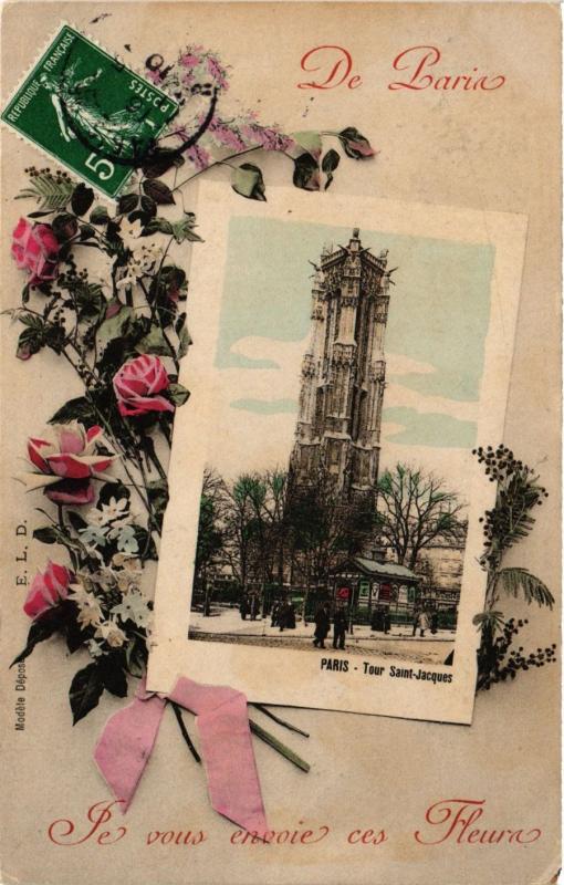 Carte postale ancienne Je vous envoie ces Fleurs de Paris 4e - Tour Saint-Jacques à Paris 4e
