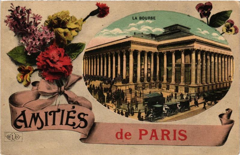Carte postale ancienne Amitiés de Paris 2e - La Bourse à Paris 2e