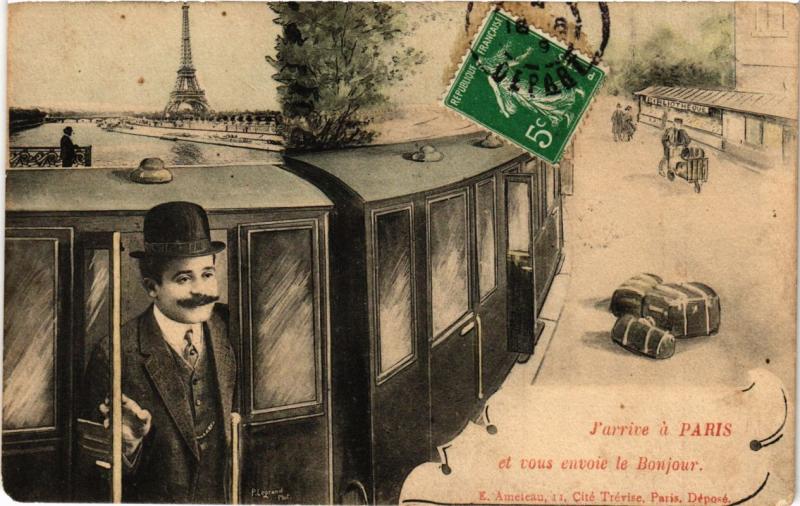 Carte postale ancienne J'arrive á Paris et vous envoie le Bonjour