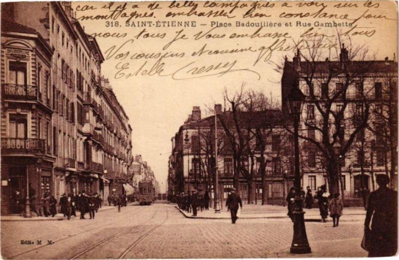 Carte postale ancienne Saint-Etienne - Place Badouiliere et Rue Gambetta à Saint-Étienne