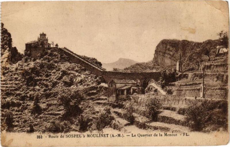Carte postale ancienne Route de Sospel a Moulinet - Le Quartier de la Menour à Moulinet