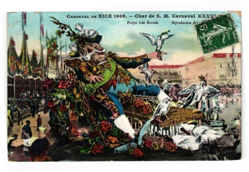 Carte postale ancienne Carnaval de Nice 1908 - Char de S.M. Carnaval