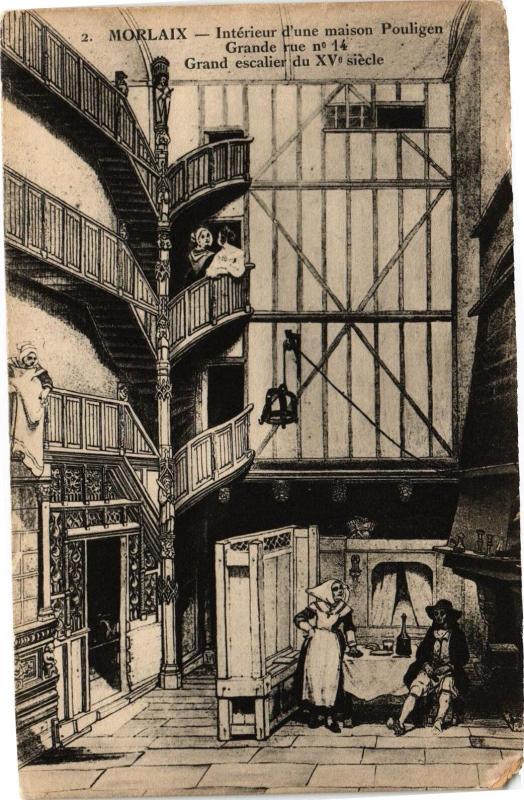 Carte postale ancienne Morlaix - Intérieur d'une maison Pouligen Grande Rue n.14 Grand... à Morlaix