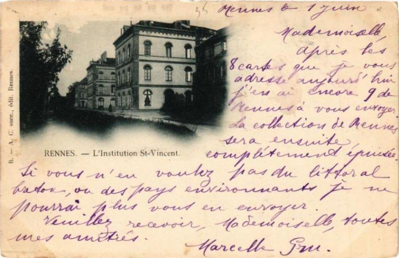 Carte postale ancienne Rennes-L'Institution Saint-Vincent à Rennes