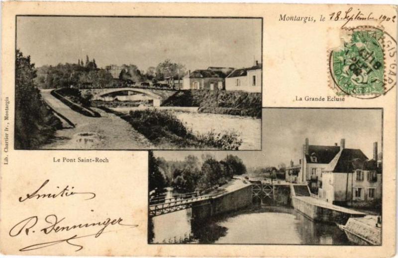 Carte postale ancienne Montargis le 18 Sept. 1902.. Le Pont-Saint-Roch - La Grande Ecluse à Montargis