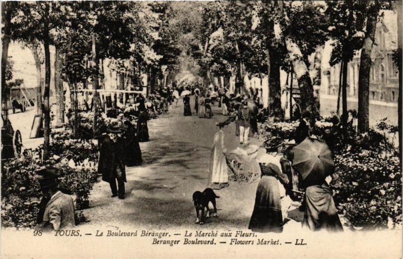 Carte postale ancienne Tours - Le Boulevard Béranger - Le Marché aux Fleurs à Tours