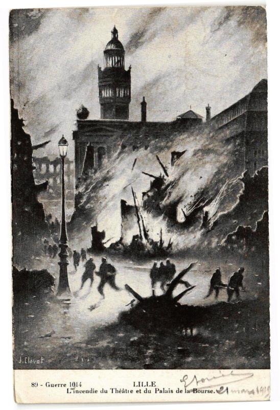 Carte postale ancienne Lille - L'incendie du Theatre et du Palais de la Bourse à Lille