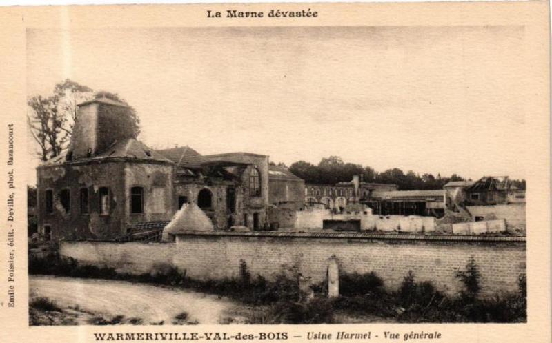 Carte postale ancienne La Marne devastée - Warmeriville-val-des-Bois - Usine Harmel - Vue à Warmeriville