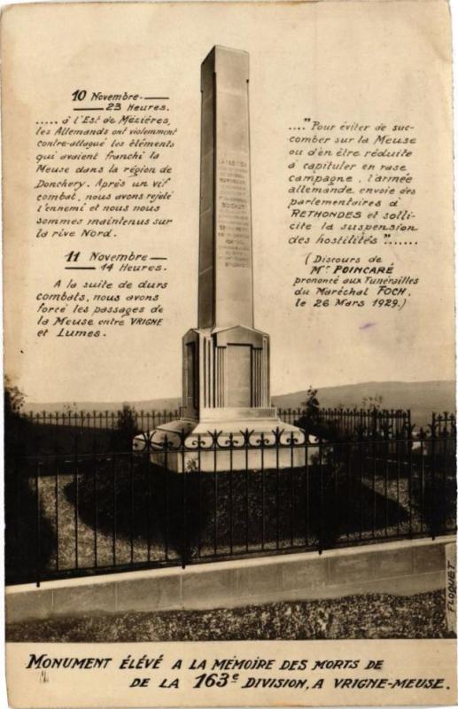 Carte postale ancienne Monument élévé a la memoire des morts de la 163e Division