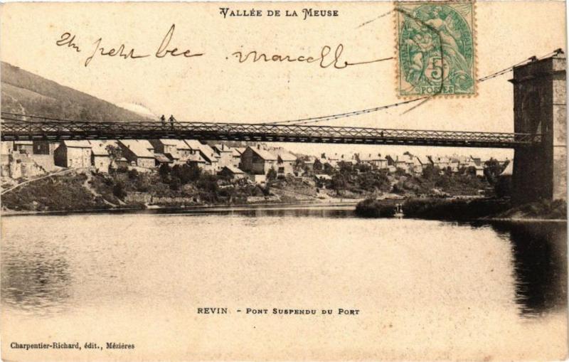Carte postale ancienne Revin - Pont suspendu du Port à Revin