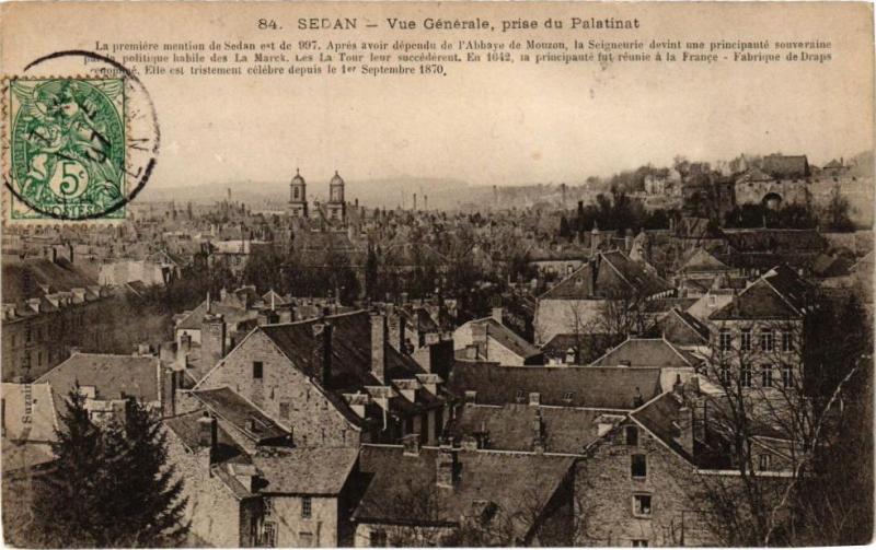 Carte postale ancienne Sedan - Vue générale, prise du Patinat à Sedan