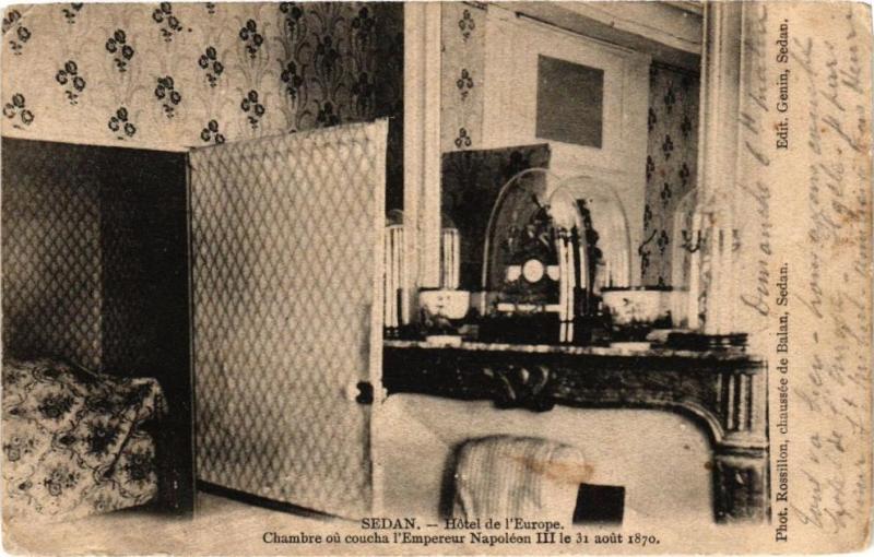 Carte postale ancienne Sedan Hotel de l'Europe Chambre ou coucha l'empereur Napoléon.. à Sedan