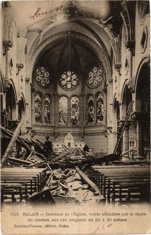 Carte postale ancienne Balan - intérieur de l'Eglise voute effondrée par la chute du... à Balan