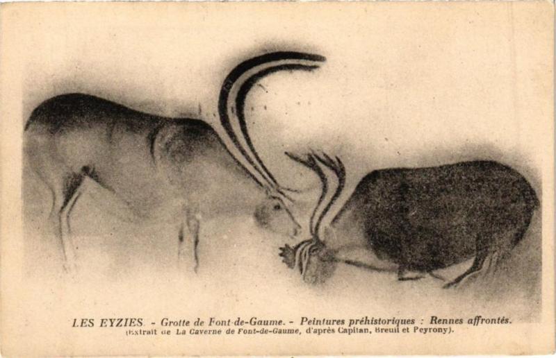 Carte postale ancienne Les Eyzies-Grotte de Font de Gaume-Rennes affrontés aux Eyzies