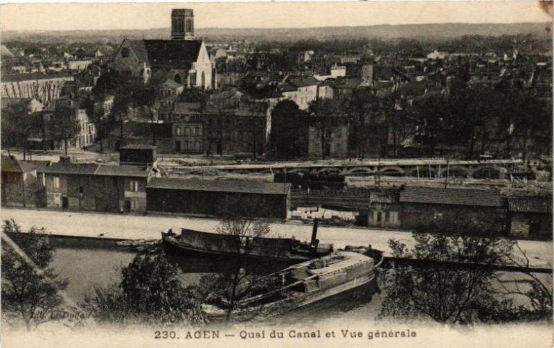 Carte postale ancienne Agen - Quai du Canal et Vue générale à Agen