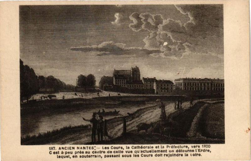 Carte postale ancienne Ancien Nantes - Les Cours La Cathédrale et la Prefecture vers 1820 à Nantes