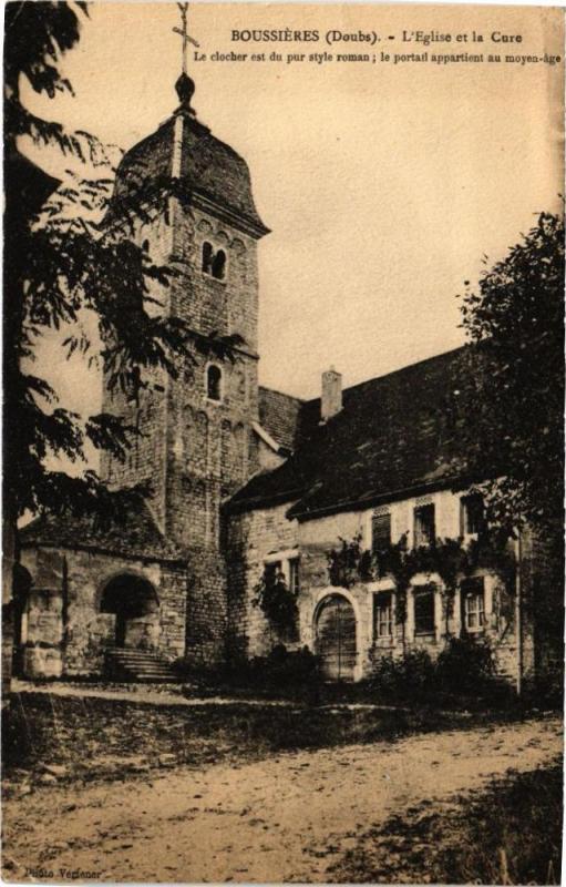 Carte postale ancienne Boussieres - L'Eglise et la Cure - Le clocher est .. à Boussières
