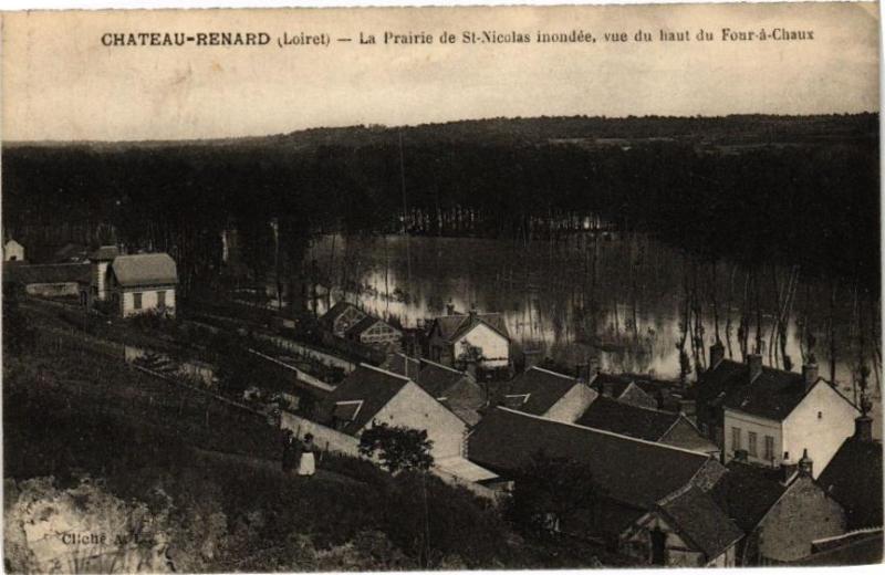 Carte postale ancienne Chateau-Renard - La Preirie de Saint-Nicolas inondée vue à Château-Renard