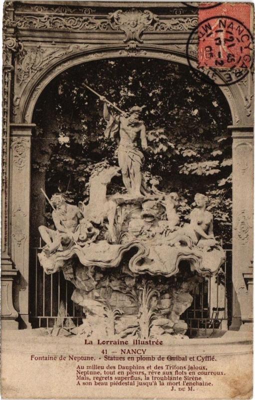Carte postale ancienne Nancy-Fontaine de Neptune-Statues en plomb de Guibal et Cyfflé à Nancy