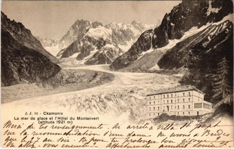 Carte postale ancienne Chamonix - La mer de glace et l'hotel du Montanvert