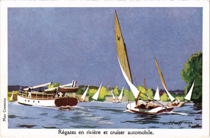 Carte postale ancienne Regates en riviere et cruiser automobile