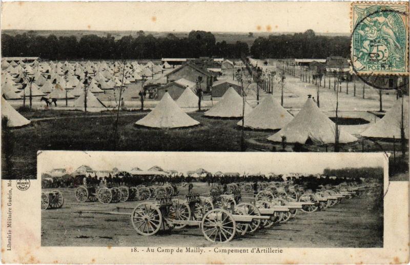 Carte postale ancienne Mailly le Camp campement d'Artillerie à Mailly-le-Camp