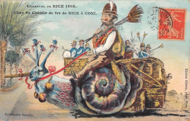 Carte postale ancienne Carnaval De Nice - 1908 - Char Du Chemin De Fer De Nice A Coni