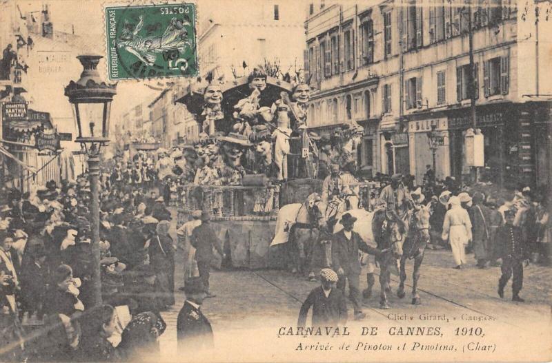 Carte postale ancienne Carnaval De Cannes - 1910 - Arrivee De Pinoton Et Pinotina - Char à Cannes