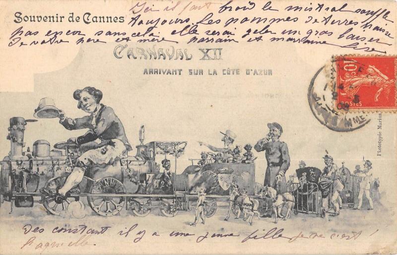Carte postale ancienne Souvenir De Cannes - Carnaval Arrivant Sur La Cote D'Azur - Train à Cannes