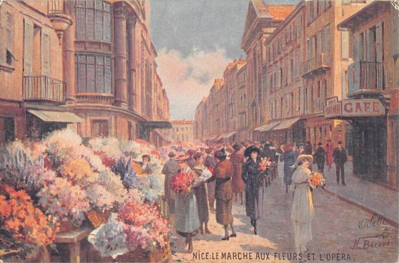 Carte postale ancienne Nice - Le Marche Aux Fleurs Et L'Opera - Cpa Illustrateur à Nice