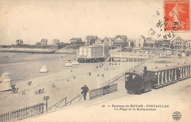 Carte postale ancienne Environs De Royan - Pontaillac - La Plage Et La Restauration - Train à Royan