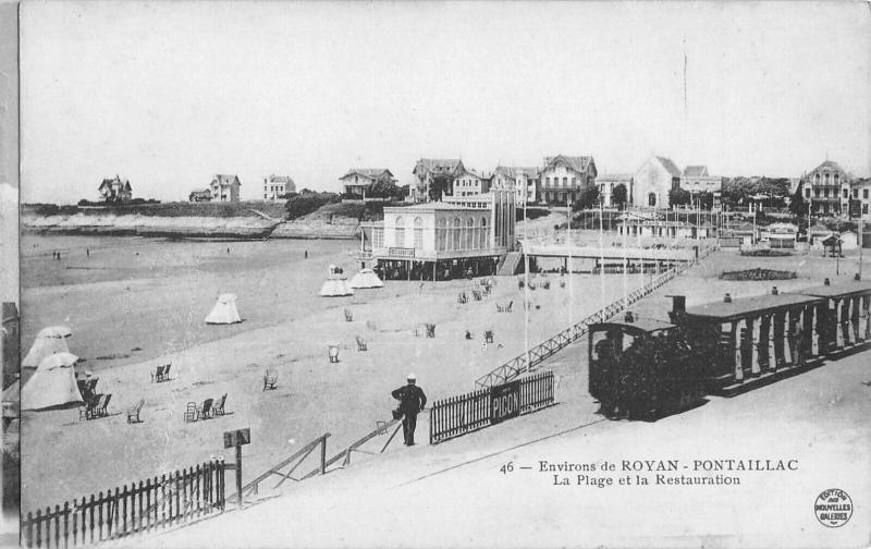 Carte postale ancienne Environs De Royan - Pontaillac - La Plage Et La Restauration - Train à Royan