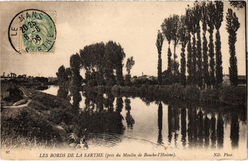 Carte postale ancienne Bords de la sarthe pres du Moulin de Bouche-l'Husine France
