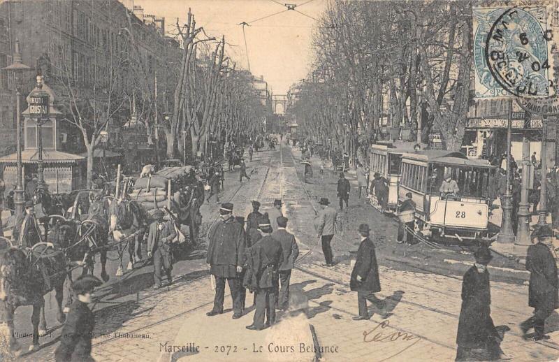Carte postale ancienne Marseille - Le Cours Belsunce - Attelages - Tramway - Gendarme à Marseille