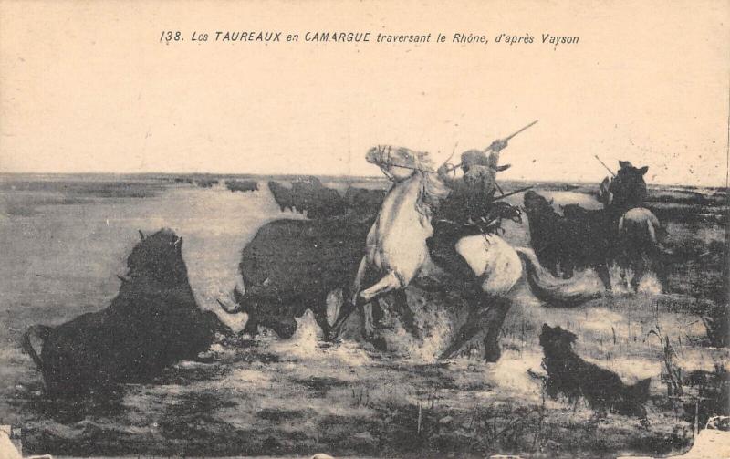 Carte postale ancienne Les Taureaux En Camargue Traversant Le Rhone