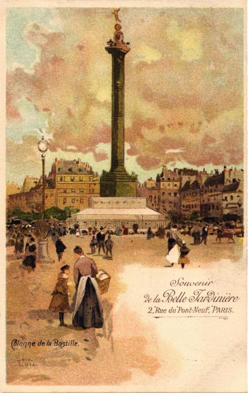 Carte postale ancienne Paris 12e Colonne de la Bastille Souvenir de la Belle Jardiniere à Paris 12e