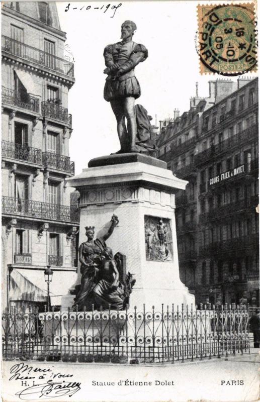 Carte postale ancienne Paris 5e-Statue d'Etienne Dolet à Paris 5e