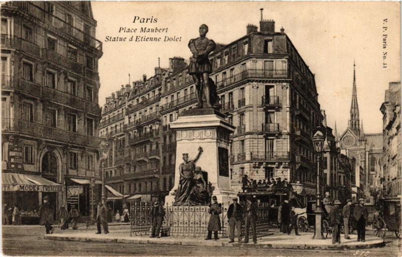 Carte postale ancienne Paris 5e-Statue d'Etienne Dolet-Place Maubert à Paris 5e