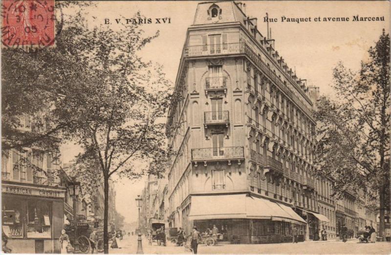 Carte postale ancienne Rue Pauquet et avenue Marceau à Paris 16e
