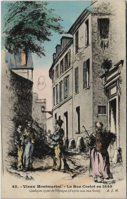 Carte postale ancienne Vieux-Montmartre - La rue Cortot en 1840 - Quelques types de l'époque à Paris 18e