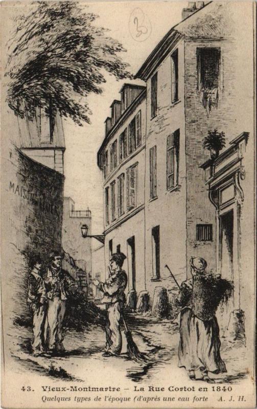 Carte postale ancienne Vieux-Montmartre - La rue Cortot en 1840 - Quelques types de l'époque à Paris 18e